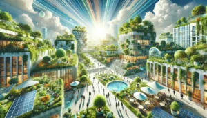 Uma ilustração visualmente impressionante que representa a arquitetura sustentável e o planejamento urbano. A imagem apresenta uma paisagem urbana futurista e ecológica, demonstrando a inovação na arquitetura e urbanismo