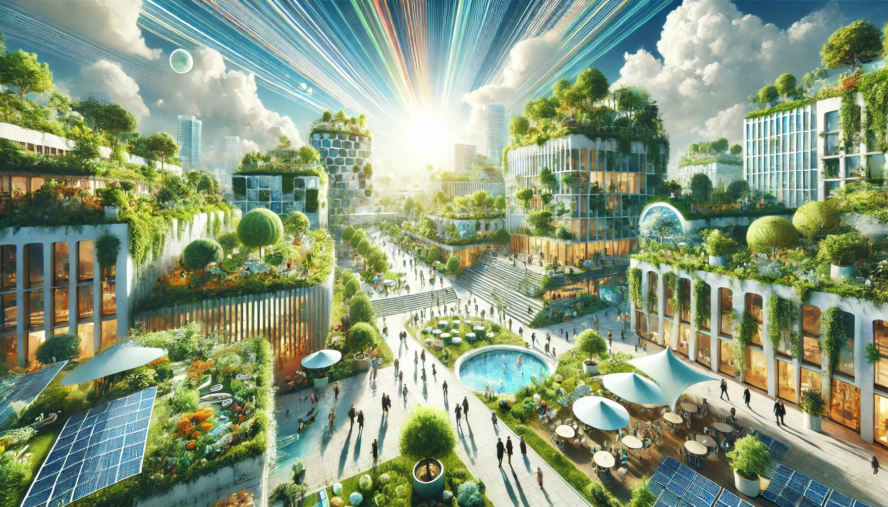 Uma ilustração visualmente impressionante que representa a arquitetura sustentável e o planejamento urbano. A imagem apresenta uma paisagem urbana futurista e ecológica, demonstrando a inovação na arquitetura e urbanismo