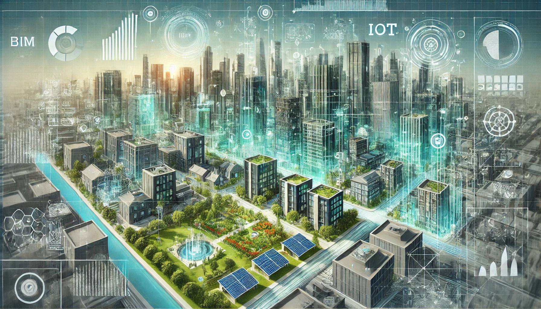 Uma ilustração artística e profissional que representa a transformação digital no planejamento urbano e na arquitetura. A imagem apresenta uma paisagem urbana moderna.