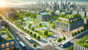 Uma ilustração digital realista representando alguns princípios da urbanidade: Qualidade dos espaços construídos e Edifícios bem projetados com fachadas verdes.