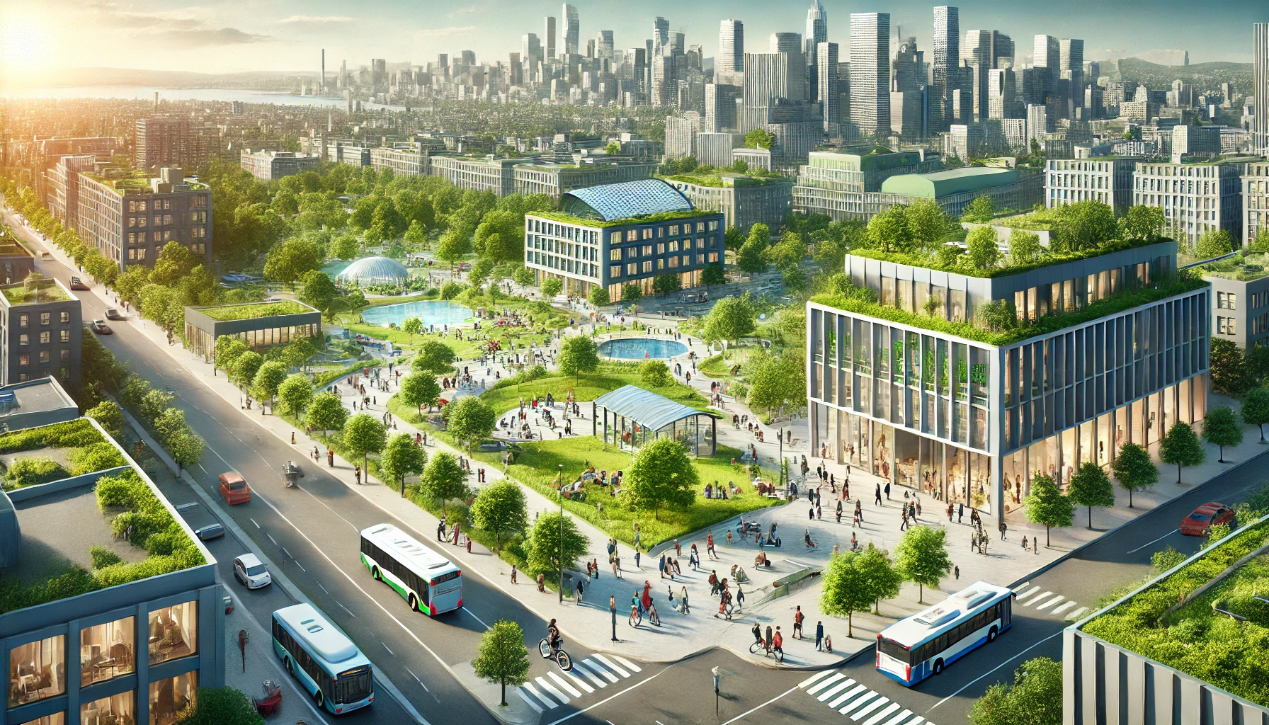 Uma ilustração digital realista representando alguns princípios da urbanidade: Qualidade dos espaços construídos e Edifícios bem projetados com fachadas verdes.