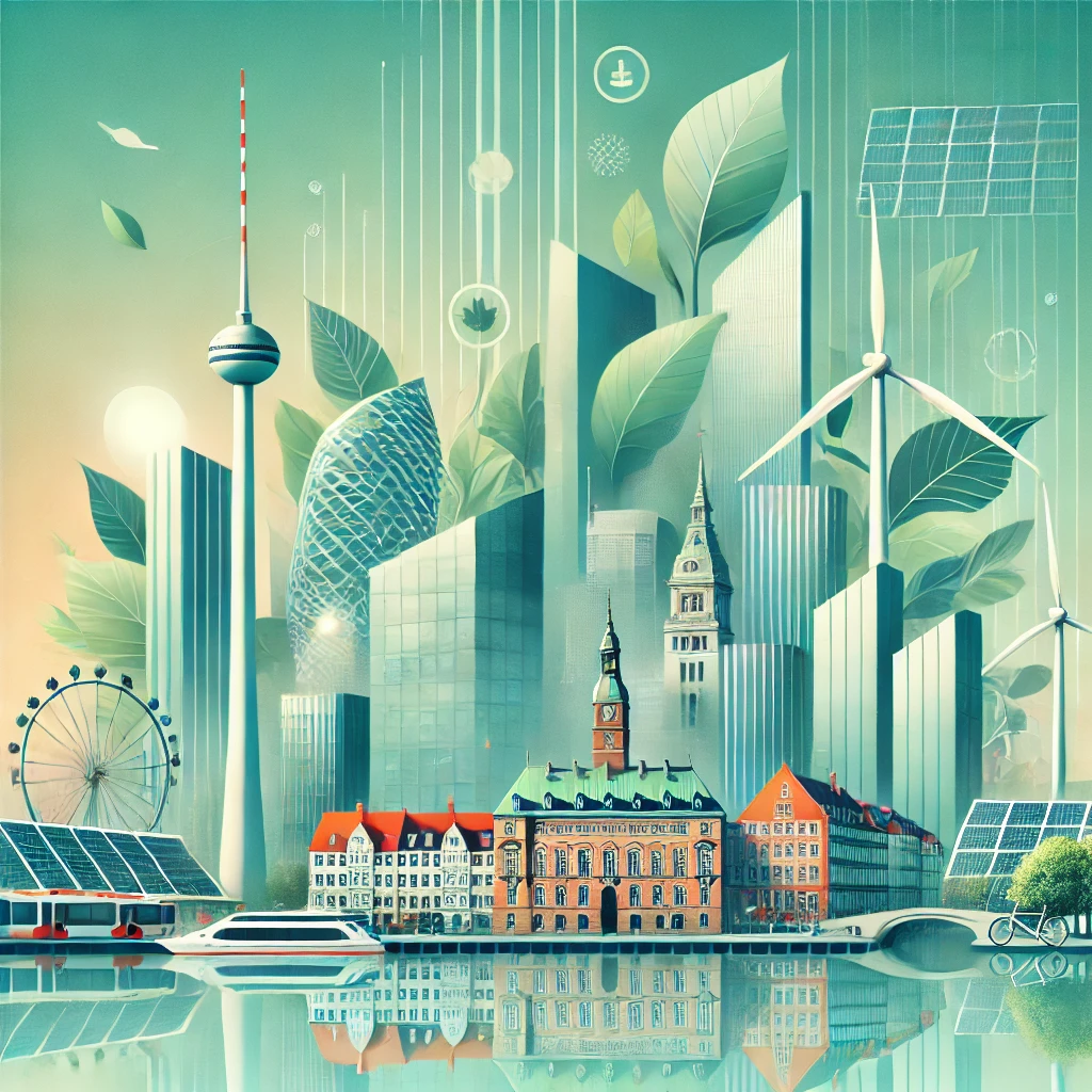 Imagem criada por IA representando os contrastes da cidade antiga e nova, por meio de seus edifícios ilustrando o equilíbrio e sustentabilidade urbana de Vancouver e Copenhague.