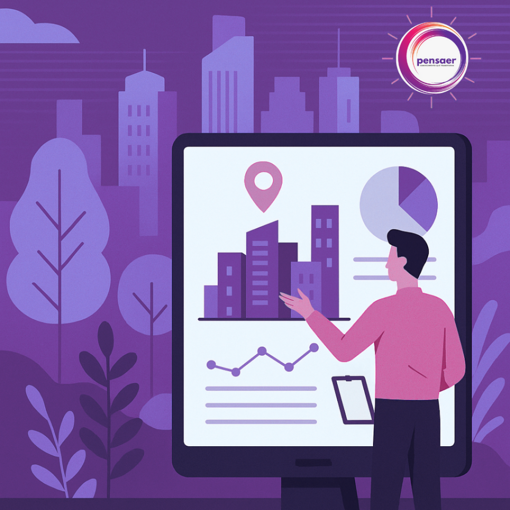 Ilustração de profissional analisando tendências de design urbano e gestão de projetos em uma cidade do futuro, com elementos de tecnologia e sustentabilidade.