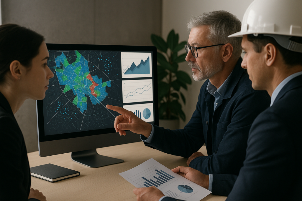 Três profissionais analisando um dashboard urbano em monitor — mapa, gráficos e indicadores — simbolizando planejamento urbano orientado por dados.