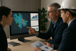 Três profissionais analisando um dashboard urbano em monitor — mapa, gráficos e indicadores — simbolizando planejamento urbano orientado por dados.