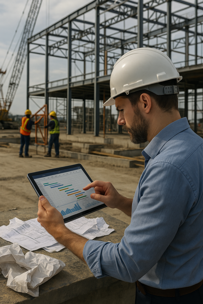 Arquiteto no canteiro de obras utilizando tablet com cronograma digital para coordenar equipe, representando a importância da gestão na redução da sobrecarga na construção civil.