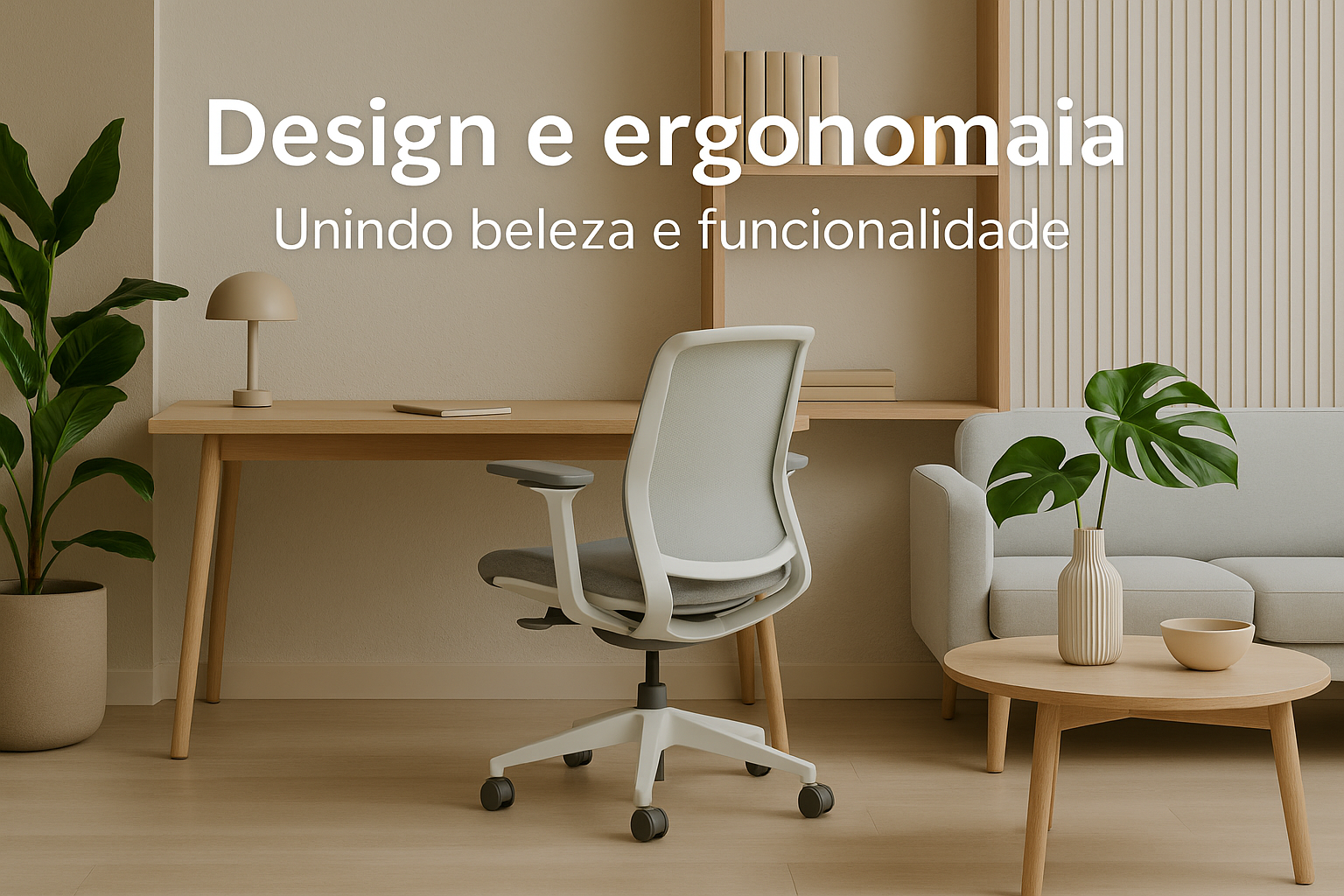 Ambiente contemporâneo com móveis ergonômicos ajustáveis, iluminação natural abundante e integração de plantas, representando a união entre design biofílico, funcionalidade e conforto.