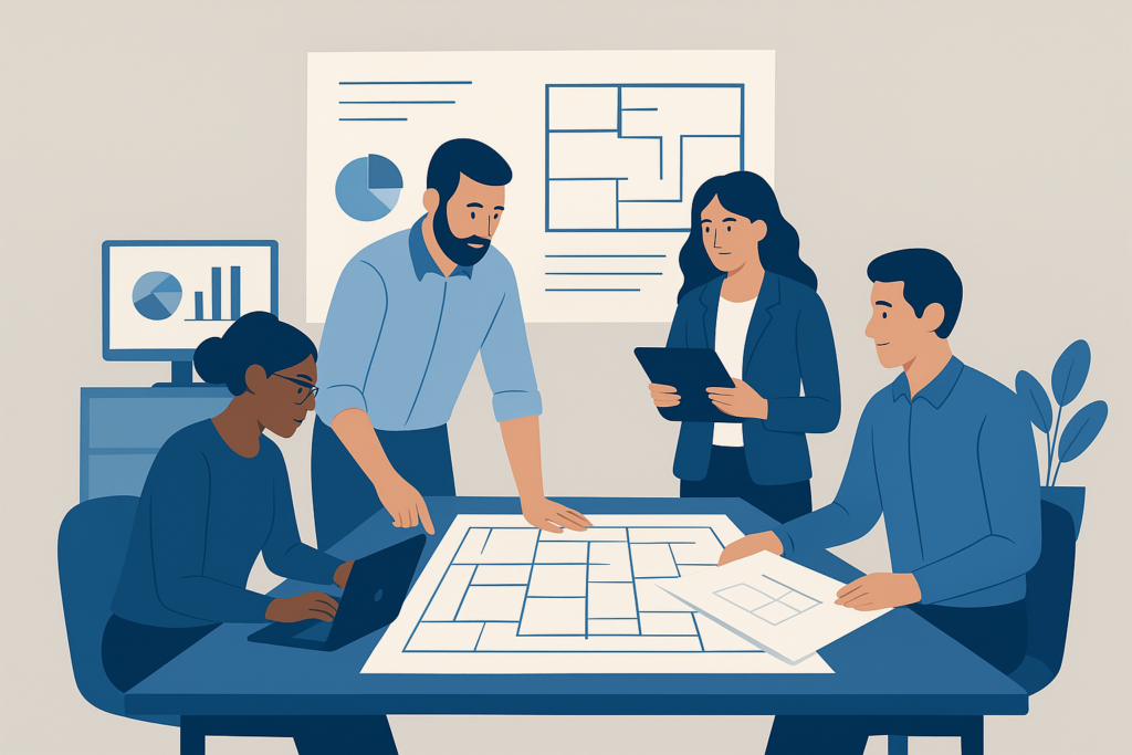 Profissionais de arquitetura e engenharia colaborando em um ambiente de escritório moderno, analisando plantas e modelos digitais de projeto, representando trabalho em equipe e gestão colaborativa.