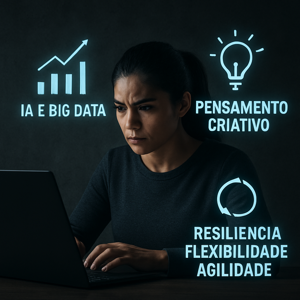 Profissional de arquitetura analisando dados e tendências tecnológicas em ambiente colaborativo, representando o futuro da profissão.