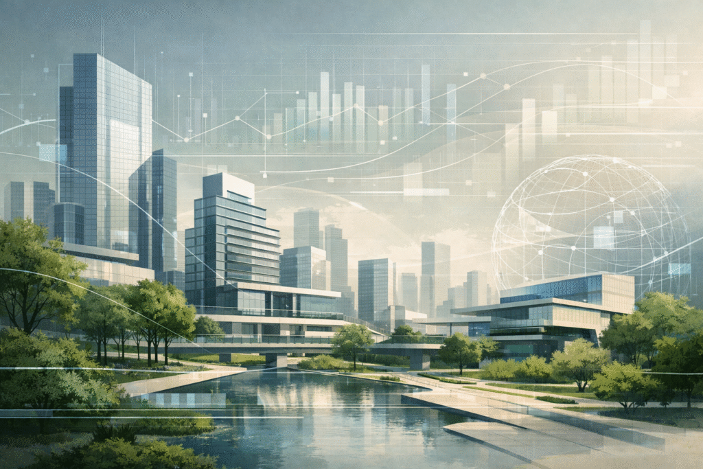 Ilustração conceitual sobre tendências em arquitetura e gestão de projetos para 2026, integrando cidade, tecnologia, sustentabilidade e planejamento urbano.