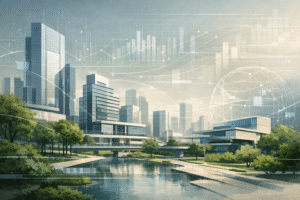 Ilustração conceitual sobre tendências em arquitetura e gestão de projetos para 2026, integrando cidade, tecnologia, sustentabilidade e planejamento urbano.