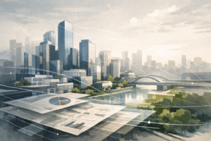 Ilustração conceitual de cidade contemporânea integrada a processos de gestão de projetos, dados e planejamento urbano sustentável.