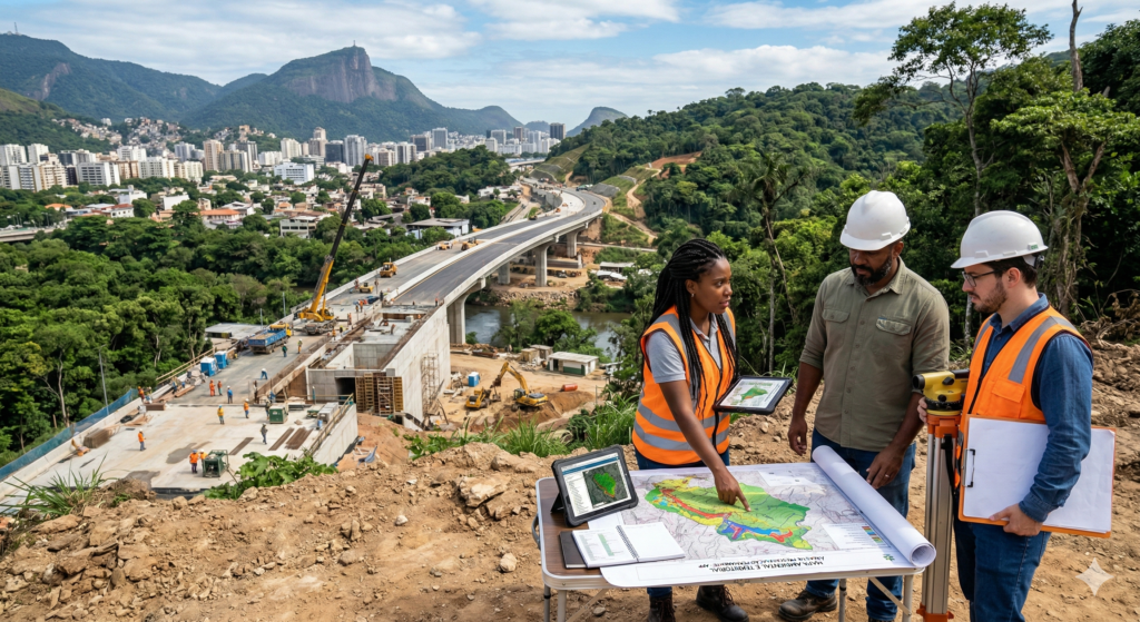 Profissionais analisando estudo de impacto ambiental em área urbana e natural integrada, representando o processo de EIA-RIMA no licenciamento ambiental.