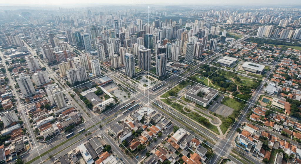 Ilustração de cidade planejada com diferentes usos urbanos, representando o Estatuto da Cidade e o Estatuto da Metrópole na arquitetura e no planejamento urbano sustentável.