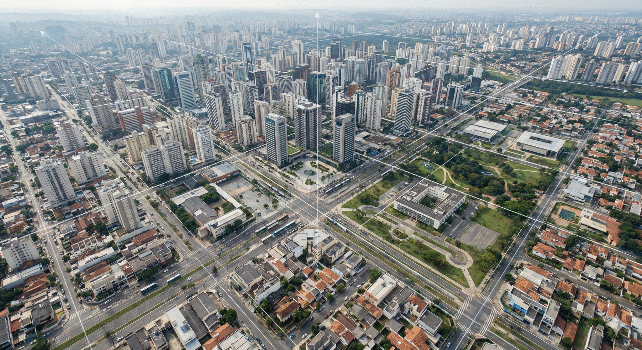 Ilustração de cidade planejada com diferentes usos urbanos, representando o Estatuto da Cidade e o Estatuto da Metrópole na arquitetura e no planejamento urbano sustentável.
