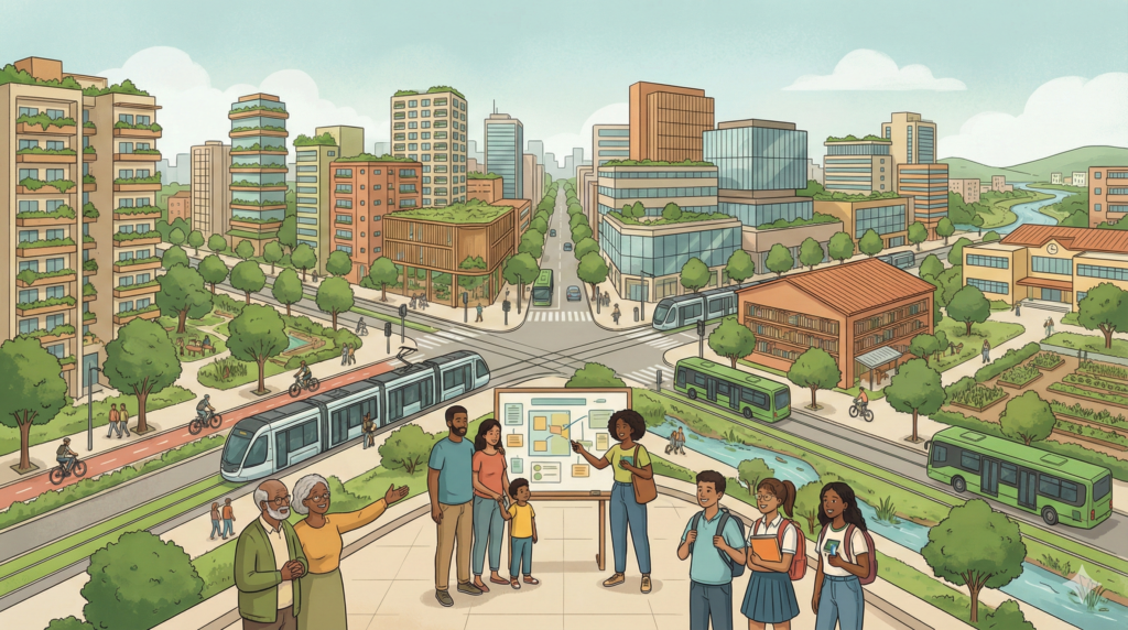Imagem de paisagem urbana contemporânea brasileira, com edifícios residenciais e comerciais integrados a espaços públicos qualificados, áreas verdes, calçadas amplas, ciclovias e transporte coletivo, com pessoas caminhando e convivendo, representando planejamento urbano, mobilidade sustentável e participação social na transformação da cidade.