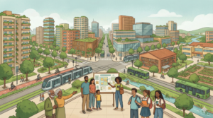 Imagem de paisagem urbana contemporânea brasileira, com edifícios residenciais e comerciais integrados a espaços públicos qualificados, áreas verdes, calçadas amplas, ciclovias e transporte coletivo, com pessoas caminhando e convivendo, representando planejamento urbano, mobilidade sustentável e participação social na transformação da cidade.