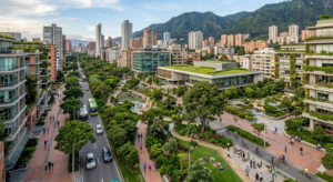 Cidade com áreas verdes integradas ao espaço urbano, mostrando a relação entre áreas verdes e saúde urbana por meio de parques, árvores e pessoas em atividades ao ar livre.