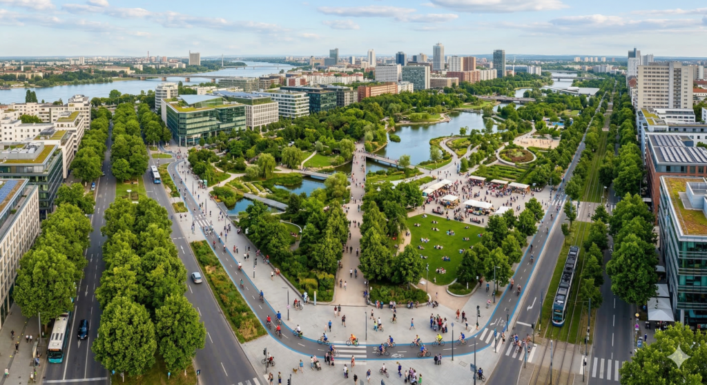 Planejamento urbano com parques e ciclovias promovendo saúde e qualidade de vida nas cidades.