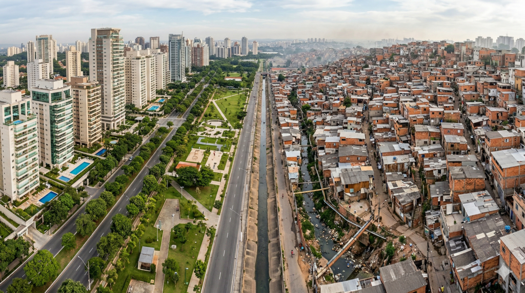 Ilustração conceitual de infraestrutura urbana com redes de saneamento e contrastes territoriais, representando desigualdades urbanas e seus impactos na saúde pública.
