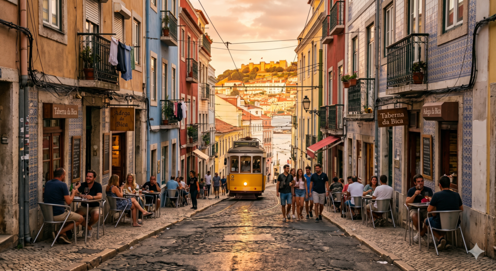 Espaço público em Lisboa com fachadas históricas, cafés nas calçadas e pessoas circulando, representando o urbanismo e a vivência da cidade.