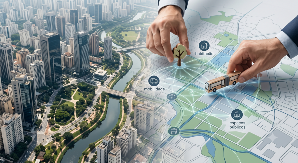 Imagem conceitual de uma cidade inteligente onde planejamento urbano, governança, dados e participação social se conectam para apoiar melhores decisões para o território.