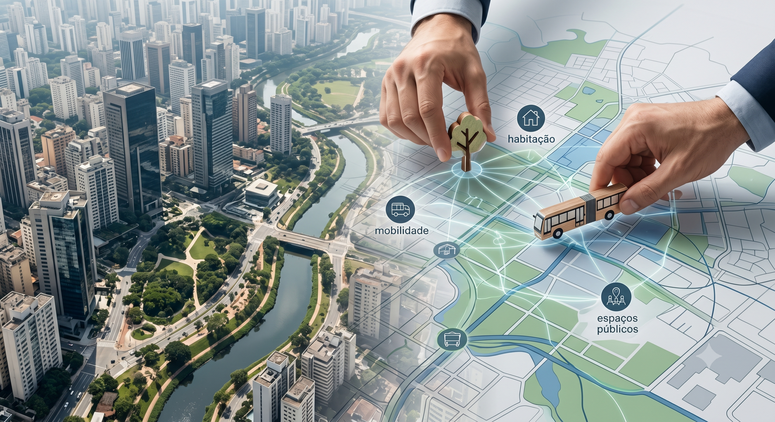 Imagem conceitual de uma cidade inteligente onde planejamento urbano, governança, dados e participação social se conectam para apoiar melhores decisões para o território.