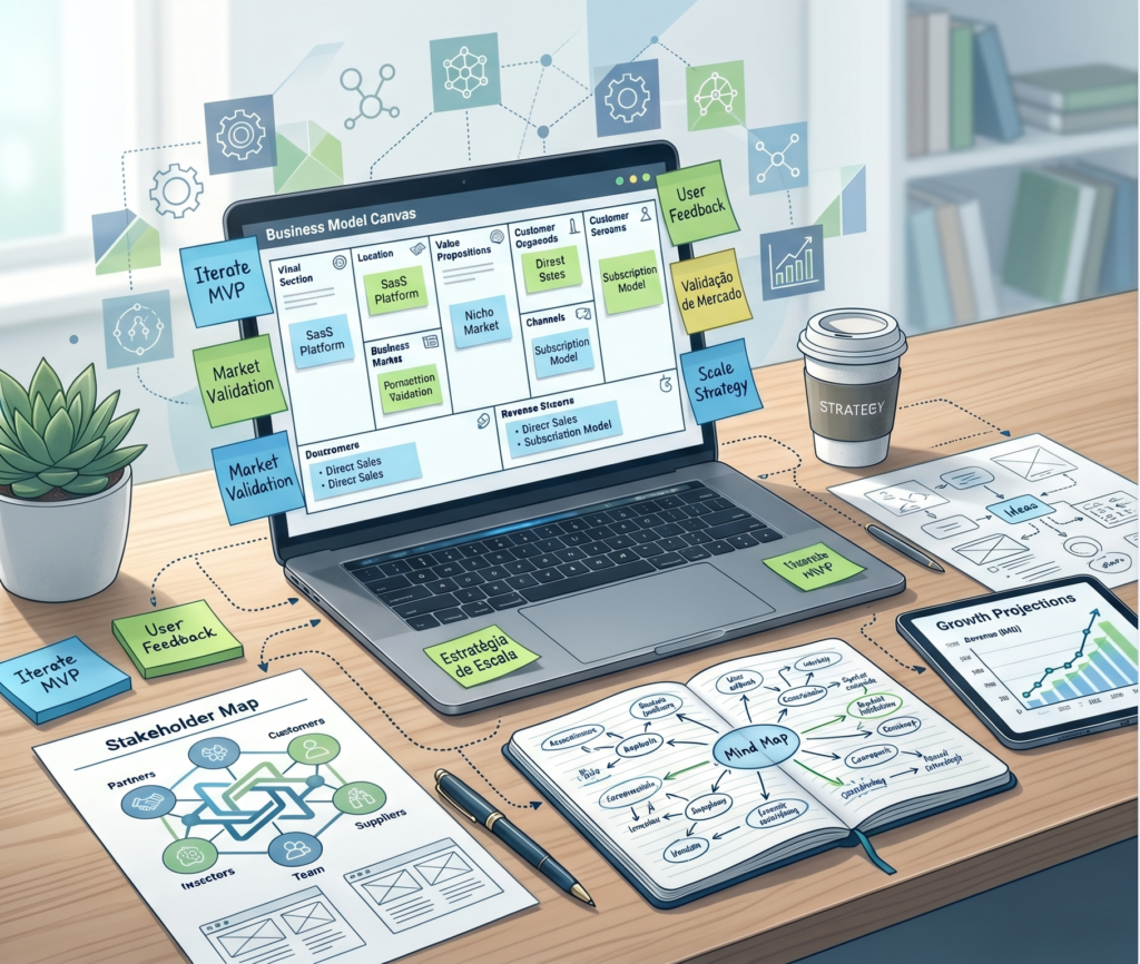 Ilustração editorial representando o processo de empreendedorismo, com Business Model Canvas, mapas mentais, gráficos, notas de planejamento e ferramentas de desenvolvimento de negócios sustentáveis.