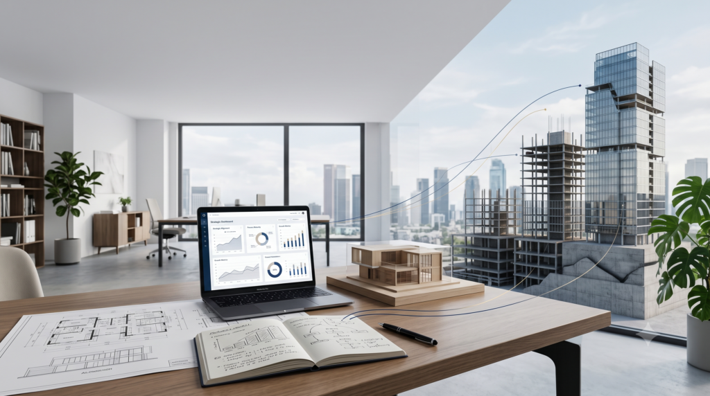 Mesa de trabalho com projeto arquitetônico, dashboard estratégico e edifício em evolução representando a maturidade organizacional, a governança e o desenvolvimento contínuo de escritórios de arquitetura.