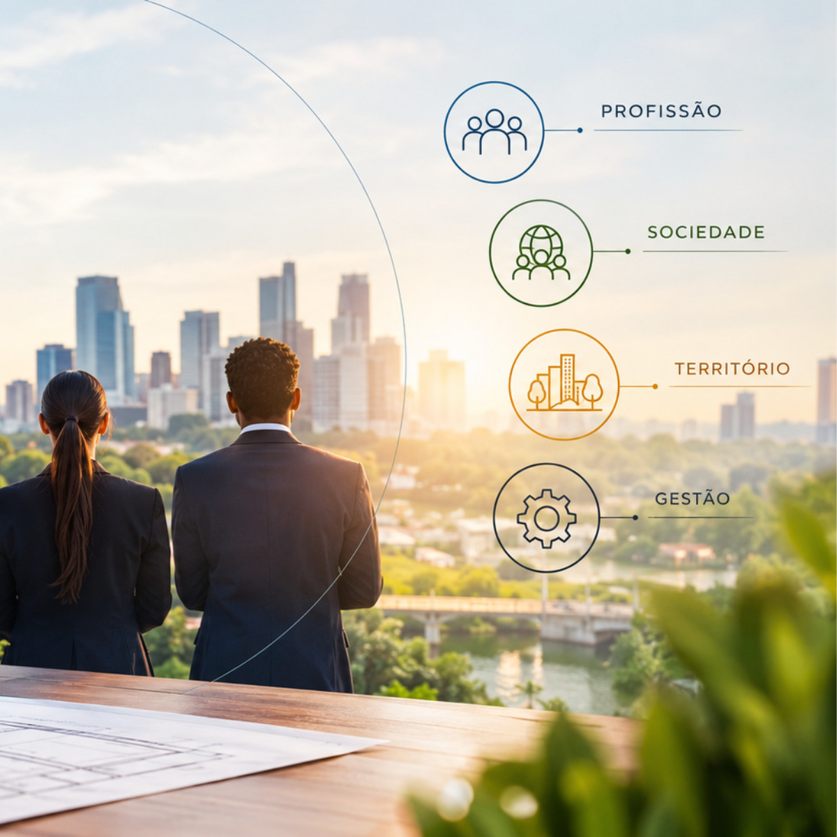Profissionais de diferentes áreas observam a cidade, com plantas de projeto e capacete em primeiro plano, representando a relação entre conselhos profissionais, sociedade, território e gestão.